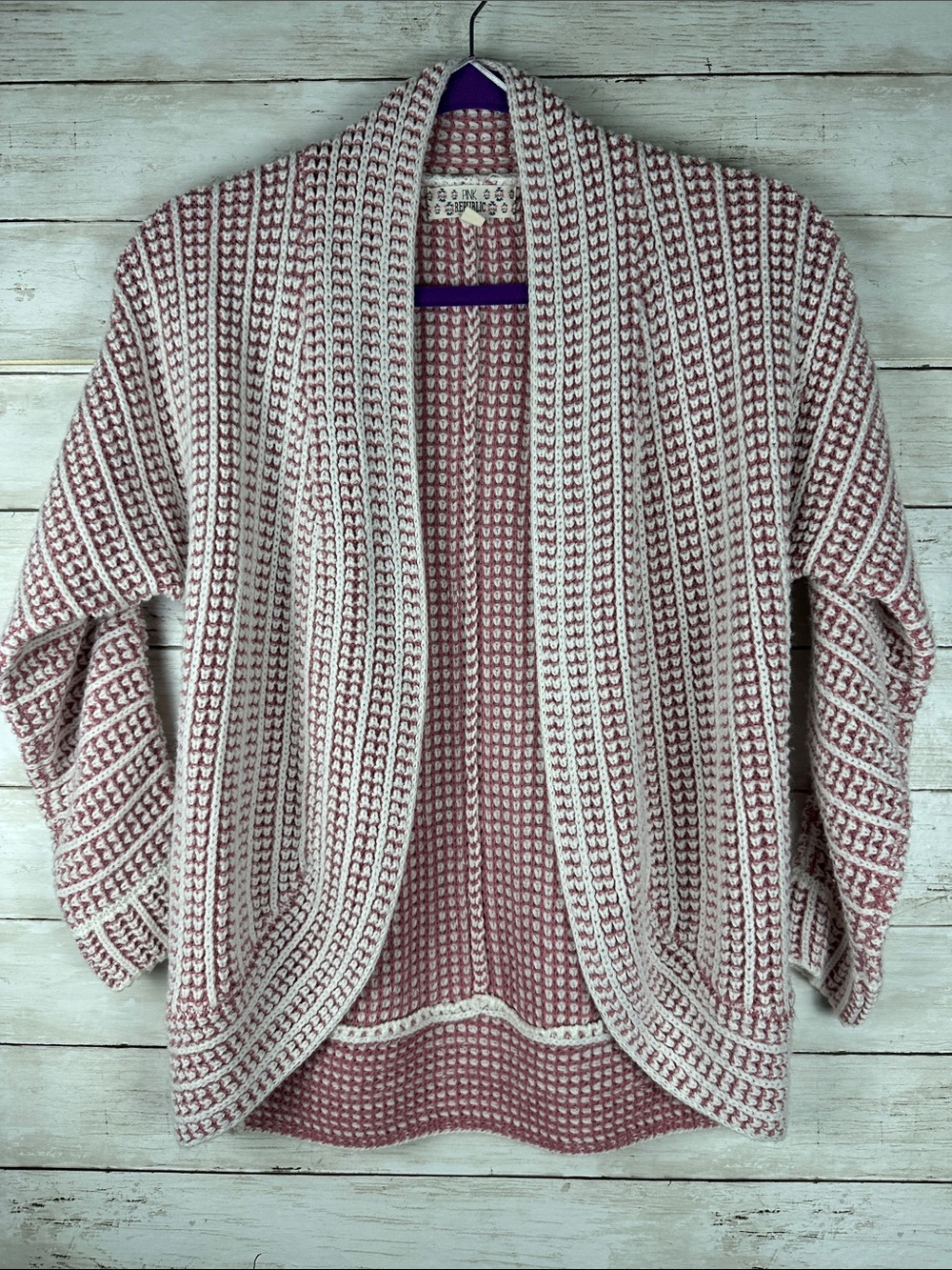 Pink Republic Pink & White Waffle Chunky Knit Open Front Cardigan Size M